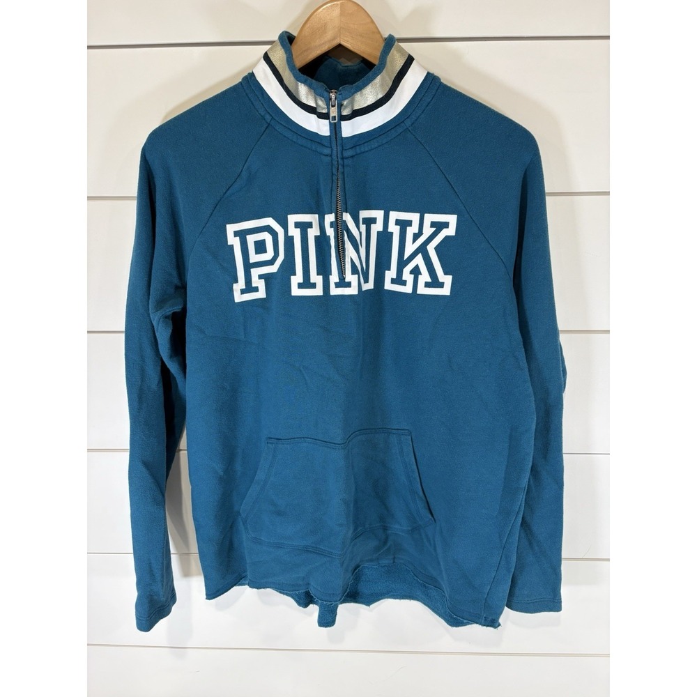 PINK Victoria's Secret Women's Blue 1/4 Zip Sweatshirt White Gold Collar Size‎ S